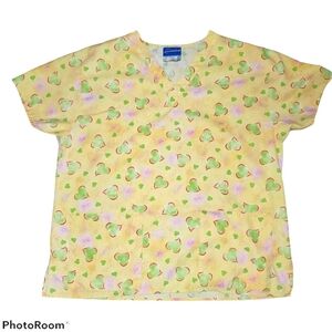 Crest V-Neck Short Sleeve Scrub Top Yellow with Green Heart Design 427